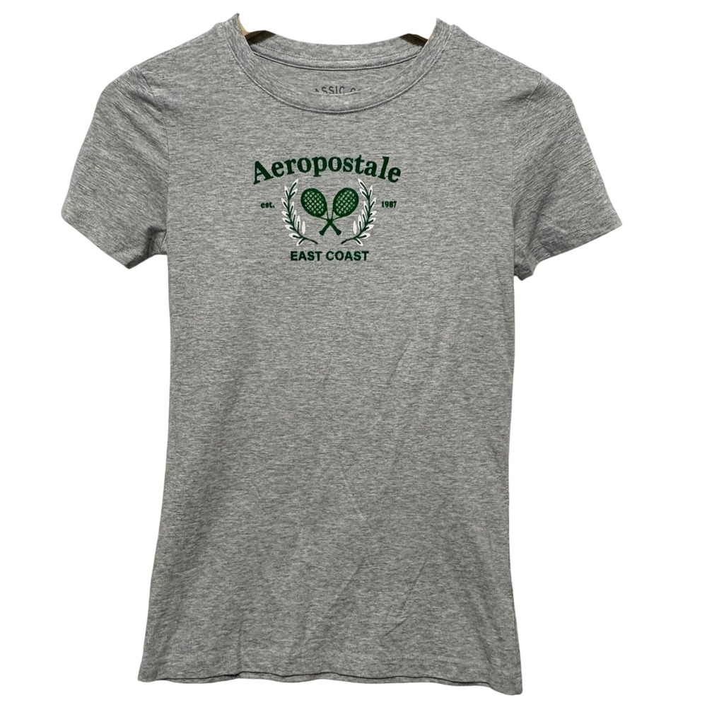 Y2K Aeropostale Women Fitted Graphic Tee S Gray Tennis Crest East Coast Academia
